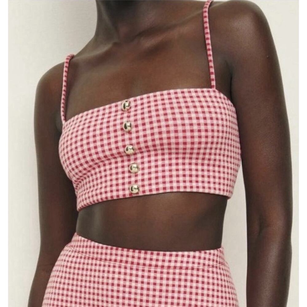Reformation Red Check Gingham Crop Top Gold Buttons Spaghetti Strap Medium Ac16